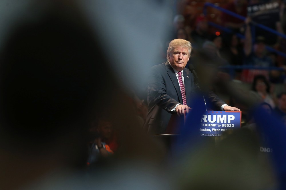 Republican Presidential candidate Donald Trump pauses during his rally at the Charleston Civic Center on May 5, 2016 in Charleston, W. Va. (Photo by Mark Lyons/Getty)