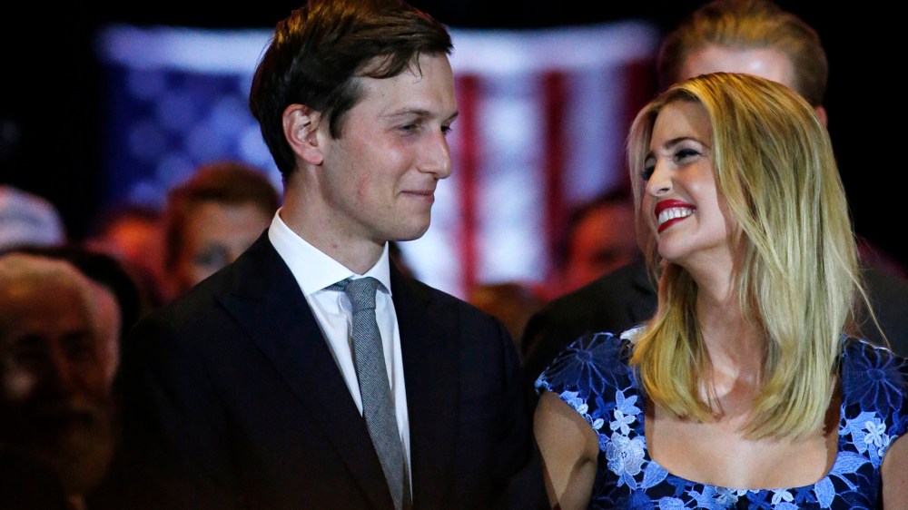 Ivanka Trump smiles at her her husband, Jared Kushner (L), as her father Republican presidential front runner Donald Trump speaks to supporters and the media on May 3, 2016 in New York, N.Y. (Photo by View press/Corbis/Getty)