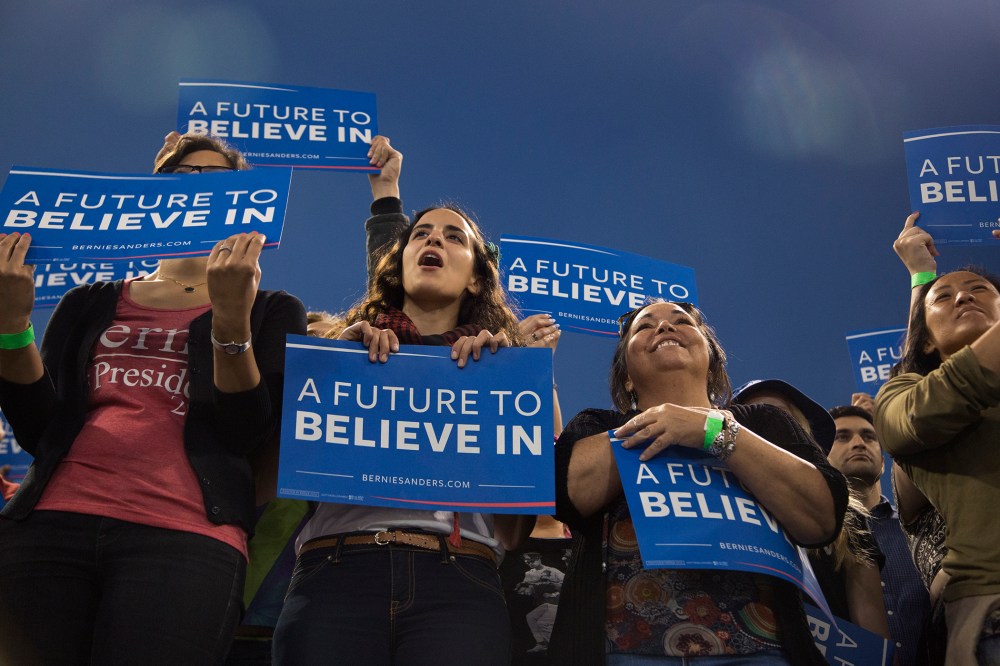 Supporters cheer during a campaign rally for Democratic presidential candidate Sen. Bernie Sanders at California State University on May 17, 2016 in Carson, Calif. (Photo by David McNew/Getty)