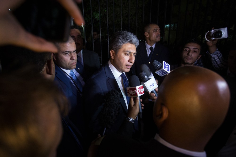 Egyptian Minister of Aviation, Sharif Fathi, speaks to the media after attending a memorial service for EgyptAir pilot Mohamed Shukair on May 22, 2016 in Cairo, Egypt. (Photo by Chris McGrath/Getty)