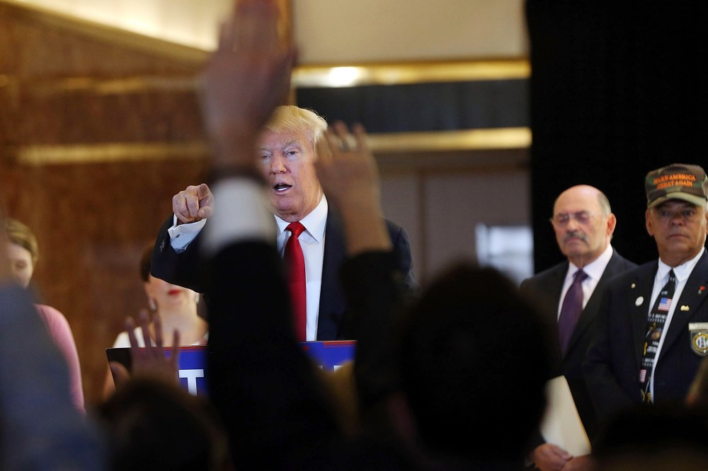 Republican presidential candidate Donald Trump speaks at a news conference where he addressed issues about the money he pledged to donate to veterans groups on May 31, 2016 in New York City. (Photo by Spencer Platt/Getty)