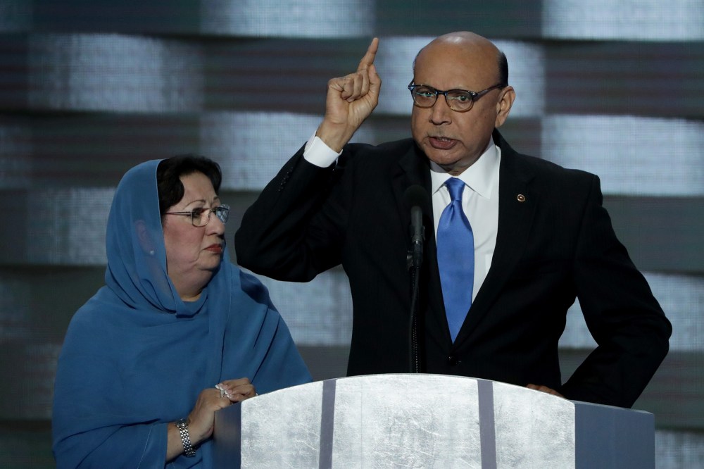 Khizr Khan, father of deceased Muslim U.S. Soldier Humayun S. M. Khan, delivers remarks on the fourth day of the Democratic National Convention at the Wells Fargo Center, July 28, 2016 in Philadelphia, Penn. (Photo by Alex Wong/Getty)