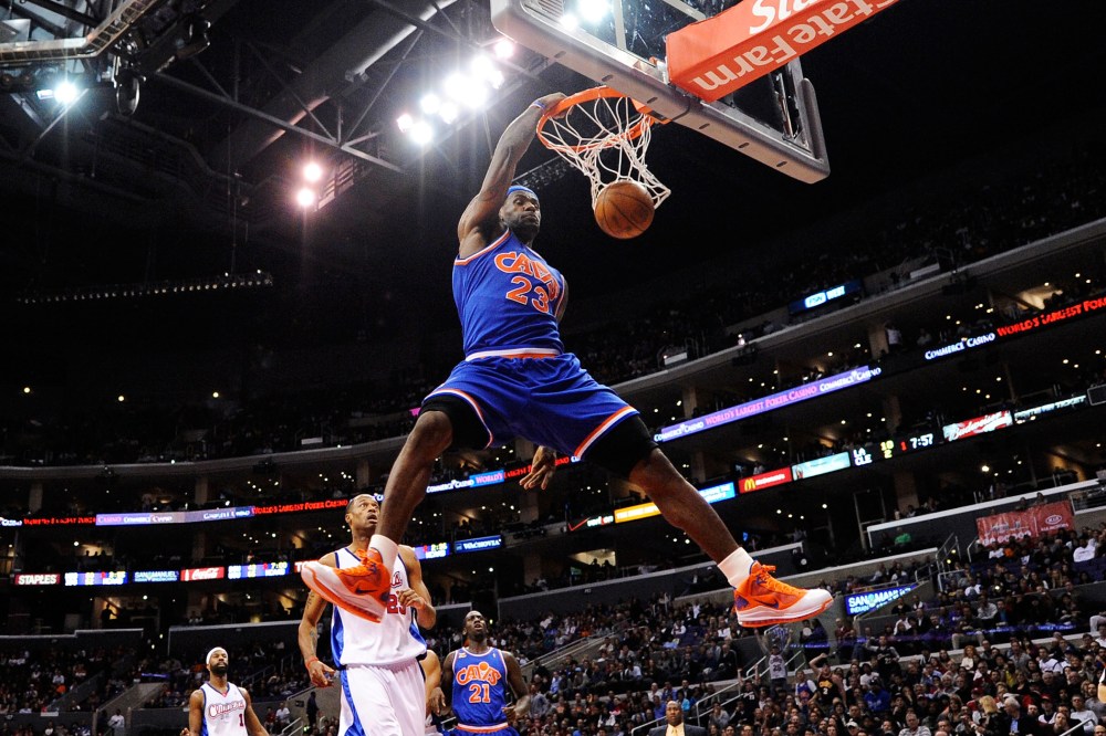 LeBron James of the Cleveland Caveliers dunks the ball against the Los Angeles Clippers at the Staples Center on Jan. 16, 2010 in Los Angeles, Calif. (Photo by Kevork Djansezian/Getty)