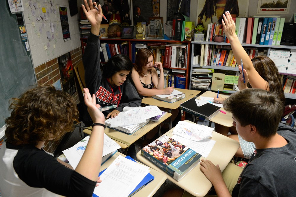 Wheat Ridge High School students work on answering a question in a sophomore AP U.S. History class on Sept. 25, 2014. (Photo by Andy Cross/The Denver Post/Getty)