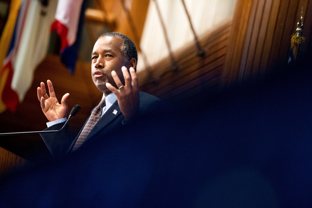 Republican presidential candidate Dr. Ben Carson speaks at a luncheon at the National Press Club in Washington, D.C., Oct. 9, 2015. (Photo by Andrew Harnik/AP)