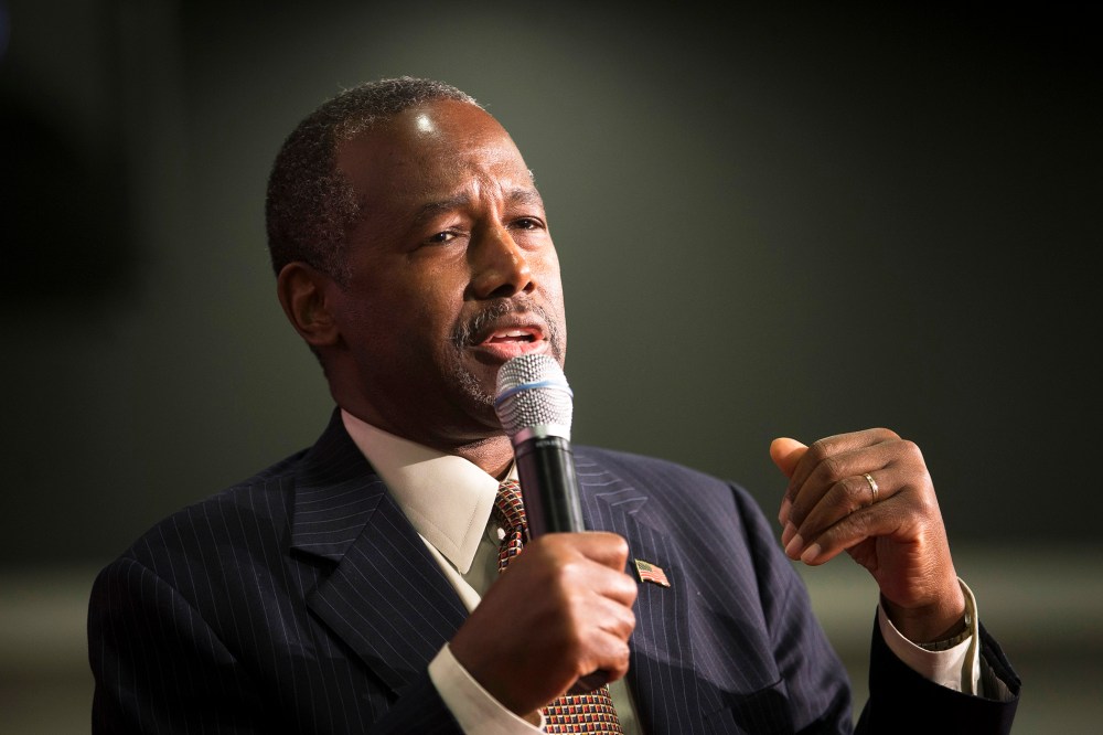Republican presidential candidate Ben Carson speaks during a campaign rally at the Sharonville Convention Center, Sept. 22, 2015, in Cincinnati, Ohio. (Photo by John Minchillo/AP)