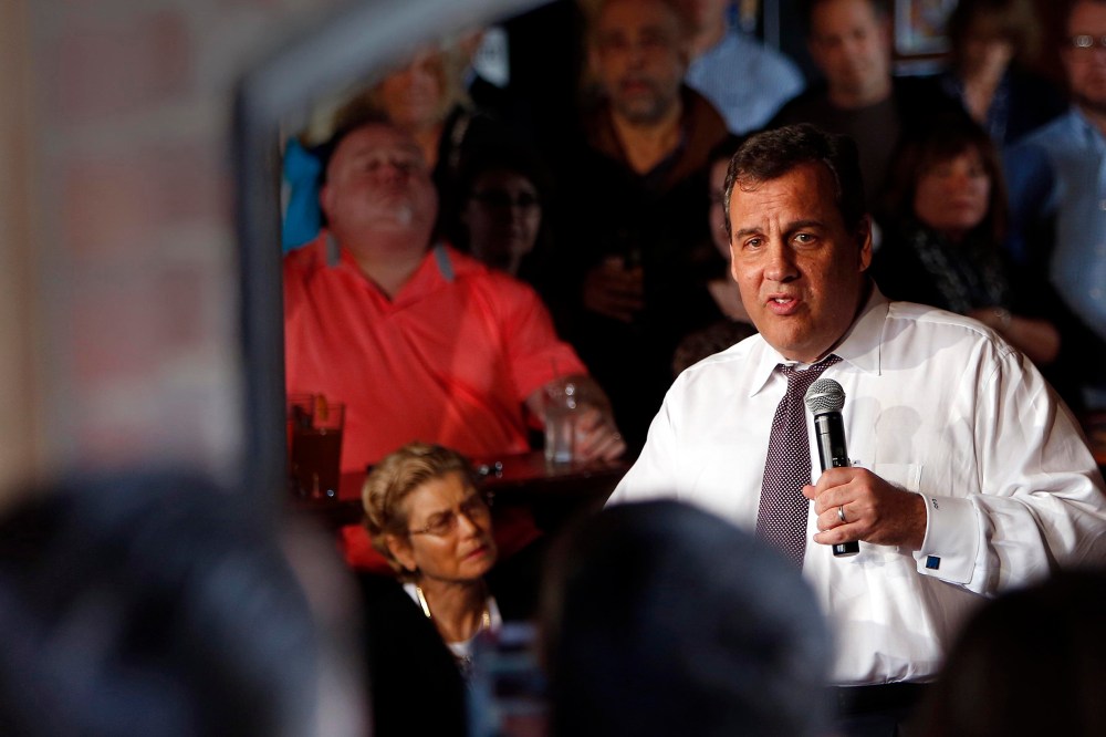 New Jersey Gov. Chris Christie speaks at a town hall meeting at Fury's Publick House in Dover, N.H., on May 8, 2015. (Photo by Jim Cole/AP)