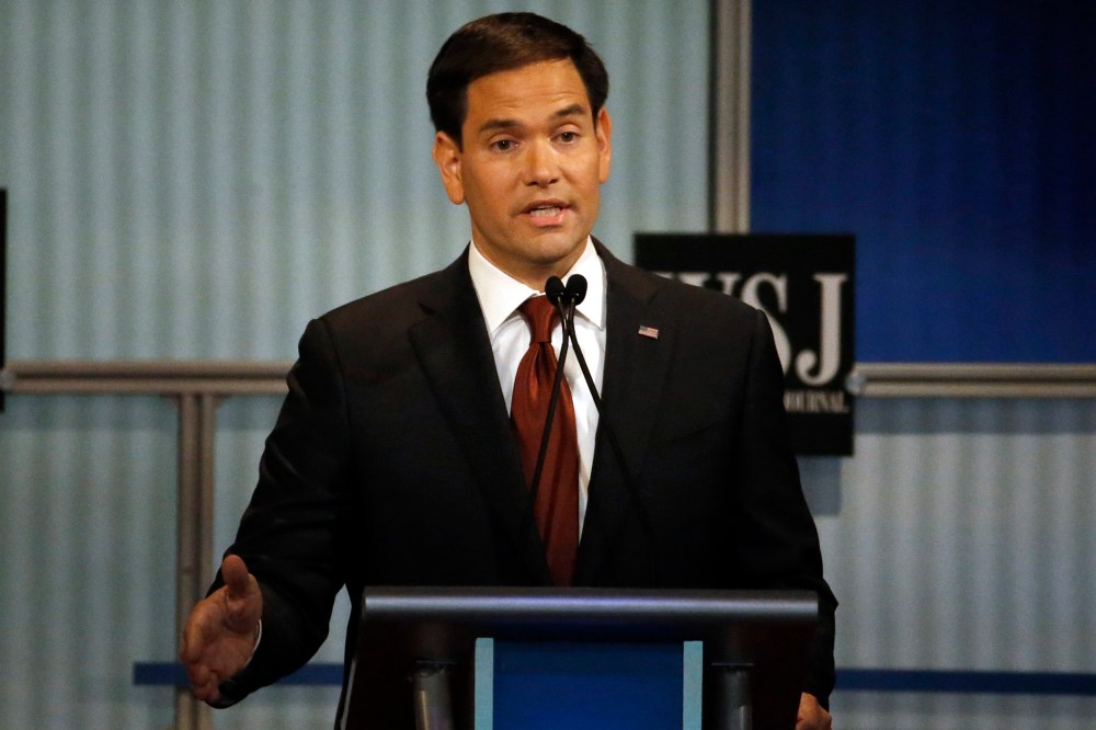 Marco Rubio speaks during Republican presidential debate at Milwaukee Theatre, Tuesday, Nov. 10, 2015, in Milwaukee, Wis. (Photo by Morry Gash/AP)