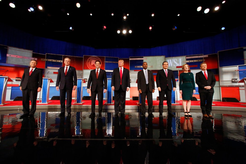 Republican presidential candidates John Kasich, Jeb Bush, Marco Rubio, Donald Trump, Ben Carson, Ted Cruz, Carly Fiorina and Rand Paul take the stage before the Republican presidential debate, Nov. 10, 2015, in Milwaukee. (Photo by Jeffrey Phelps/AP)