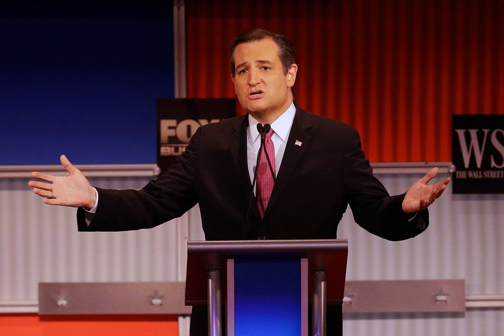 Ted Cruz speaks during the Republican presidential debate at the Milwaukee Theatre, Nov. 10, 2015, in Milwaukee, Wis. (Photo by Jeffrey Phelps/AP)