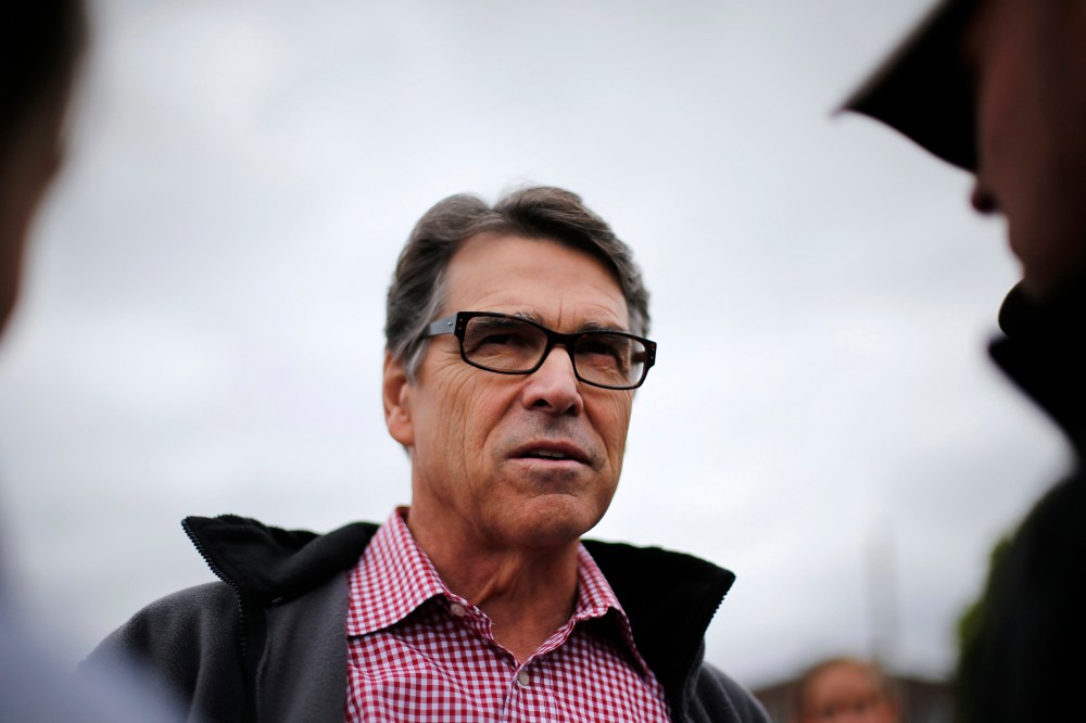 Republican presidential candidate, former Texas Gov. Rick Perry, speaks during a visit to the Iowa State Fair, Aug. 19, 2015, in Des Moines, Iowa. (Photo by Paul Sancya/AP)