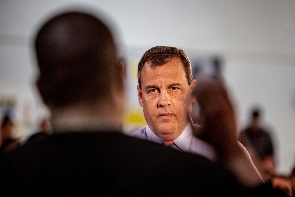 New Jersey Gov. Chris Christie holds a town hall meeting in Franklin, NJ.. on April 15, 2014.