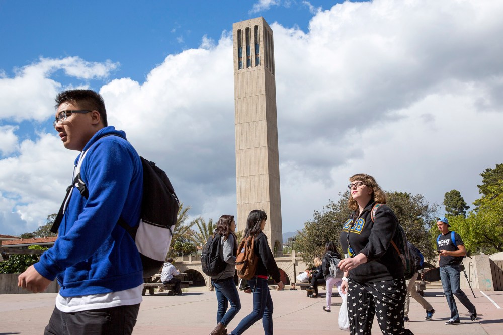 Students walk on campus at The University of California, Santa Barbara, April 2, 2014.