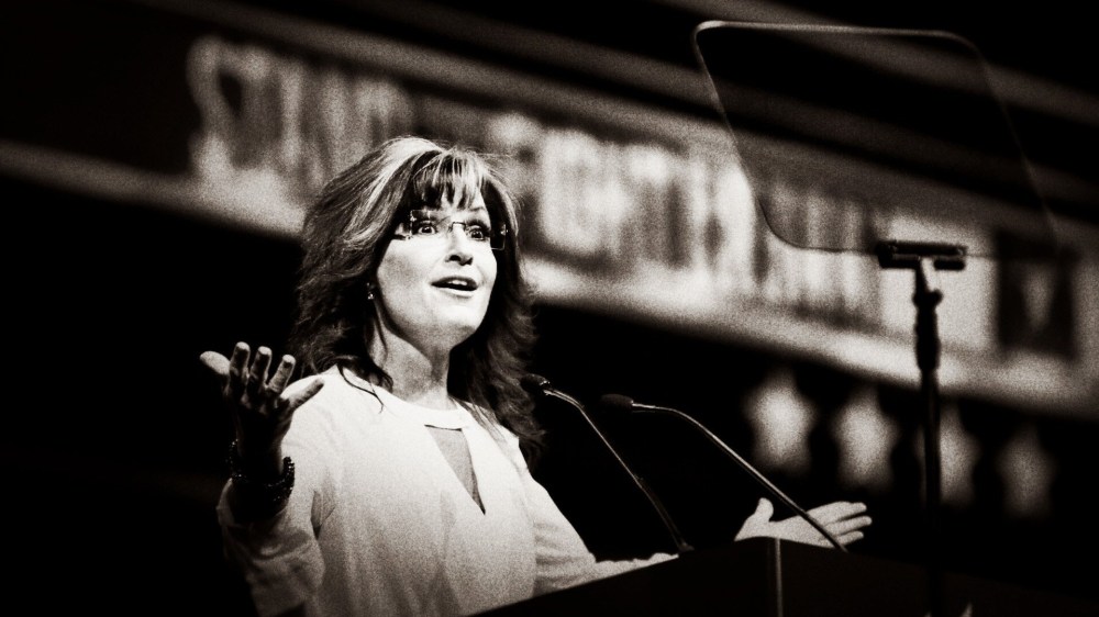 Sarah Palin speaks at the National Rifle Association annual convention at Lucas Oil Stadium in Indianapolis, Indiana, April 2014.