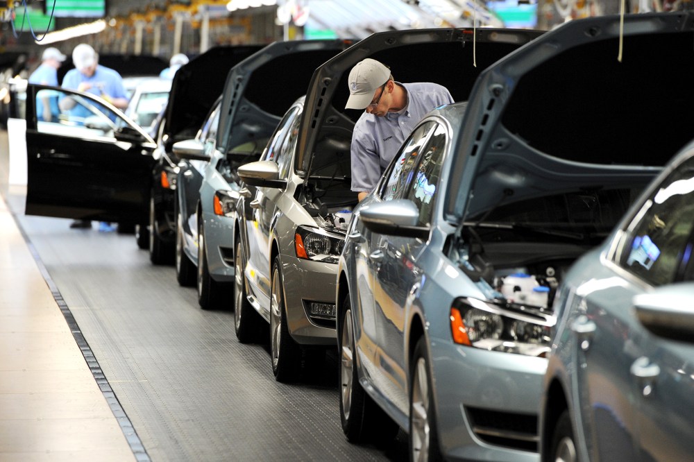 Passat sedans come off the assembly line at the Volkswagen automobile assembly plant, Feb. 21, 2012 in Chattanooga, Tenn.