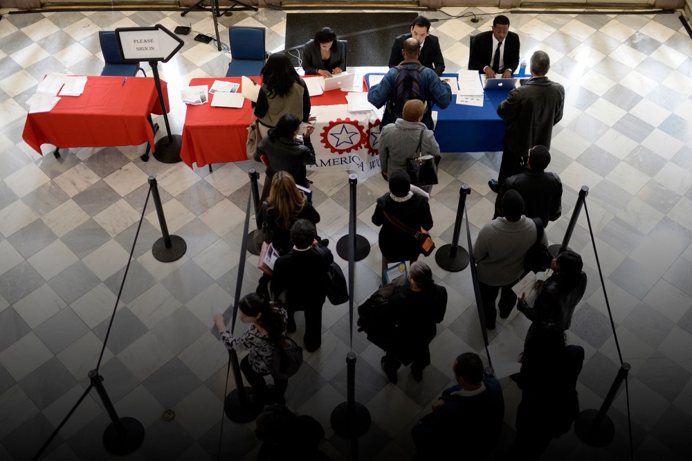 Job seekers wait to speak with employers at a job fair in Brooklyn, N.Y., on April 11, 2014. (Photo by Andrew Gombert/EPA)