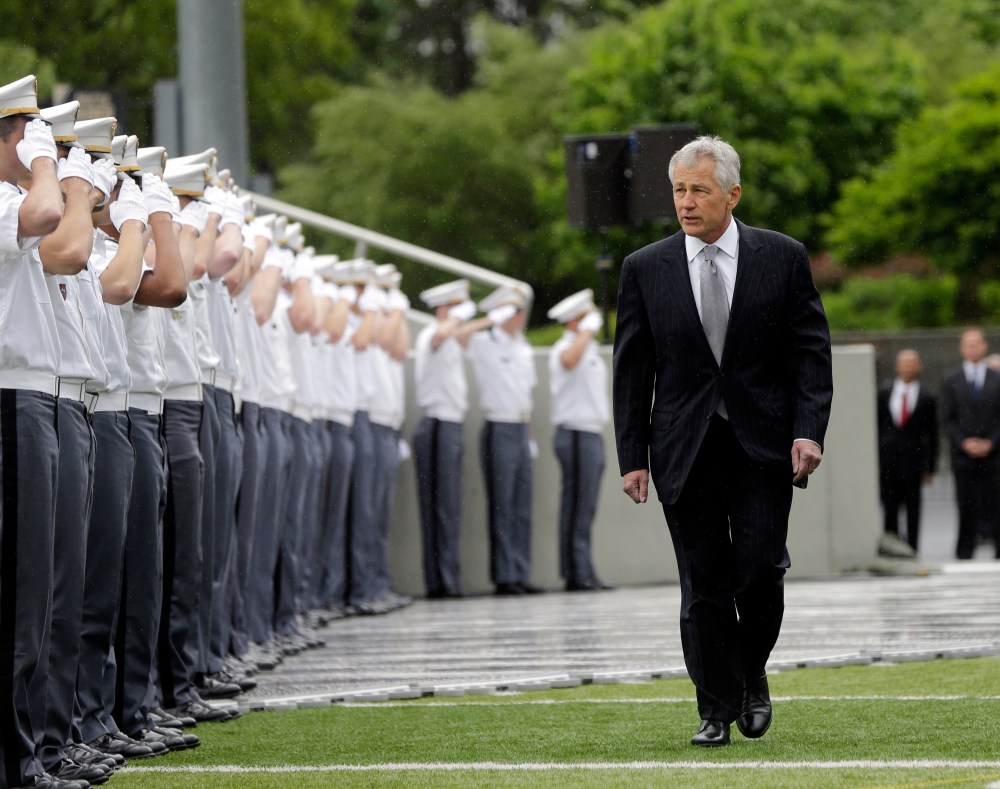 Defense Secretary Chuck Hagel arrives for a graduation and commissioning ceremony at the U.S. Military Academy, Saturday, May 25, 2013, in West Point, N.Y. (AP Photo/Mike Groll)