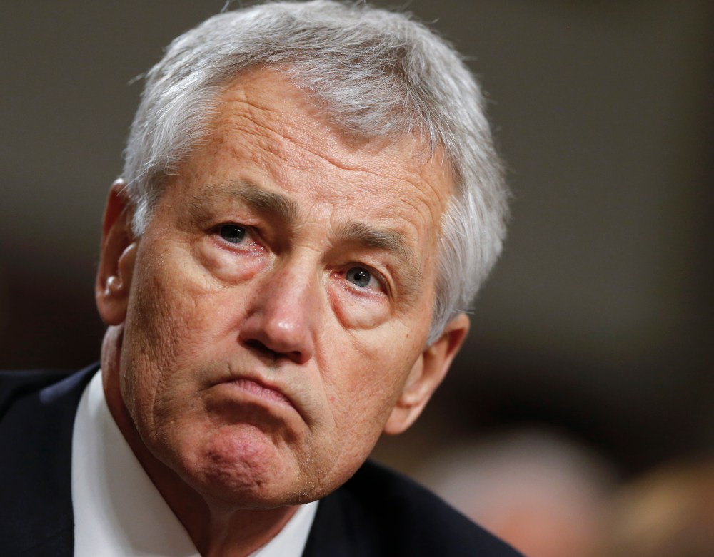 Former Nebraska Sen. Chuck Hagel testifies on Capitol Hill in Washington before the Senate Armed Services Committee's confirmation hearing. He was rumored to have given a paid speech to a fake organization called "Friends of Hamas." (AP Photo/J. Scott...