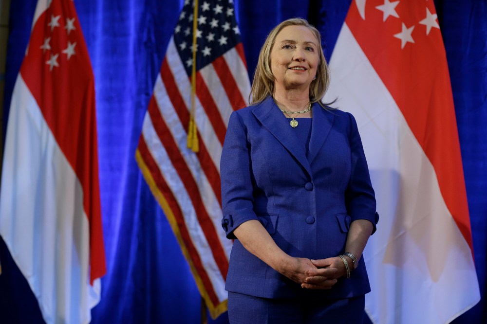 Secretary of State Hillary Rodham Clinton, in Singapore Saturday, is headed to the Middle East.(AP Photo/Matt Rourke, Pool)