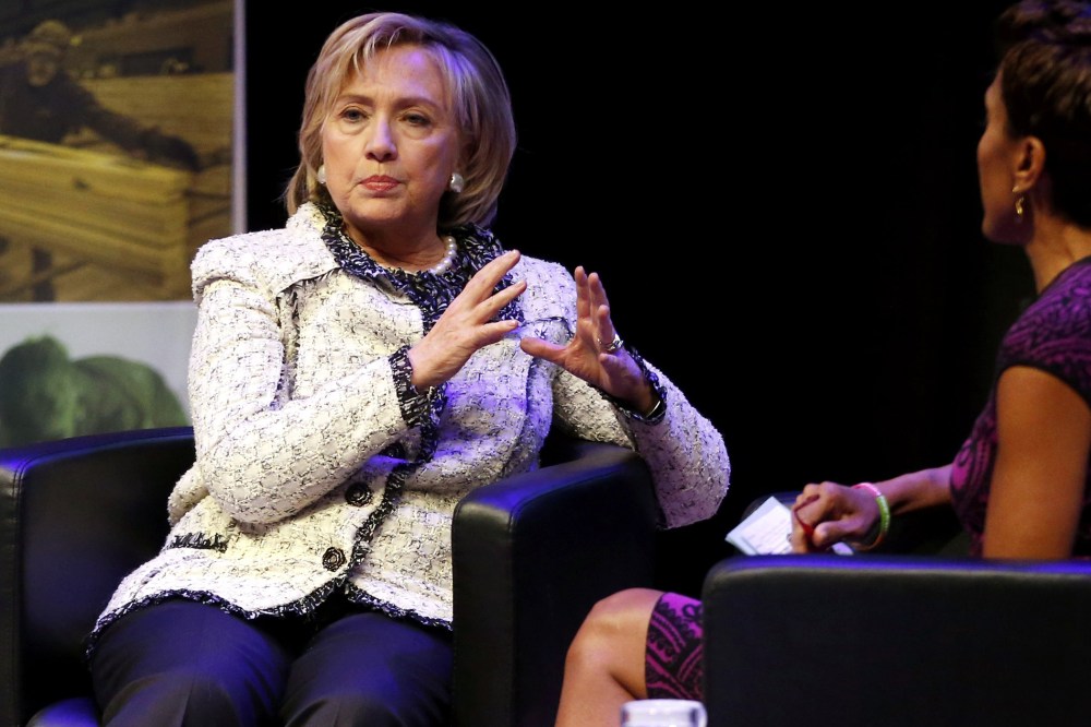 Former Secretary of State Hillary Rodham Clinton, left, is interviewed by television journalist Robin Roberts on May 7, 2014, at the Ford Foundation in New York.