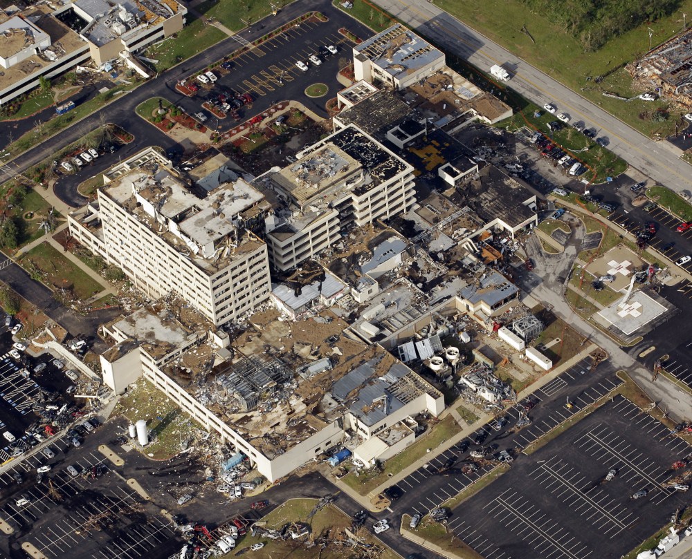 This image shows the severely damaged St. John's Regional Medical Center in Joplin, MO.