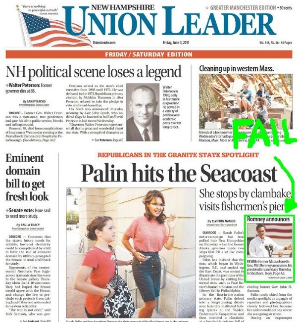 Today's front page bumped Romney for Palin
