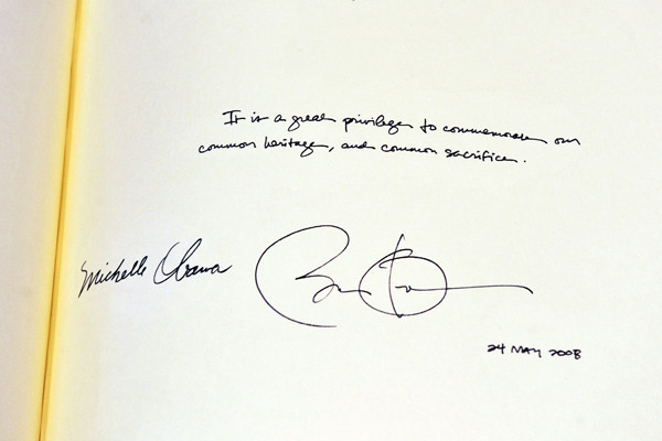 Signatures from the Obamas made during a visit to Westminster Abbey in London on Tuesday
