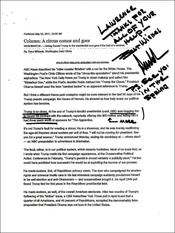 Trump's note to Lawrence