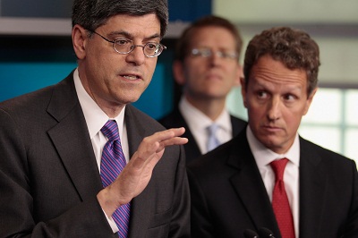 Office of Management and Budget Director Jacob Lew, White House Press Secretary Jay Carney and Treasury Secretary Timothy Geithner answer reporters' questions about President Obama's proposed federal deficit reduction plan at the White House September...