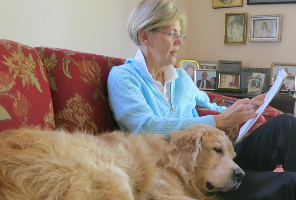 Elizabeth Warren prepares for her debate with Sen. Scott Brown with her dog "Otis"