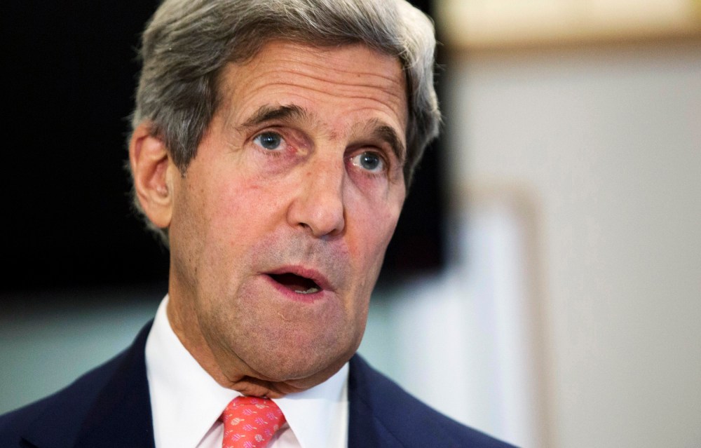 Secretary of State John Kerry gives policy address on same-sex spouses applying for U.S. visas, Friday, Aug. 2, 2013, at the U.S. Embassy in London. The U.S. will immediately begin considering visa applications of gay and lesbian spouses in the same...
