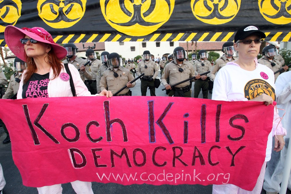 The "Koch Busters Rally" on Sunday, Jan. 30, 2011, in Rancho Mirage, California is a protest of an invitation-only gathering of elite Republican donors organized by billionaire brothers Charles and David Koch.
