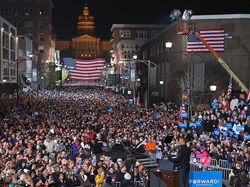 At his last campaign rally, President Obama reached out to supporters in Des Moines, Iowa just one night before the general election. (Chip Somodevilla/Getty Images)