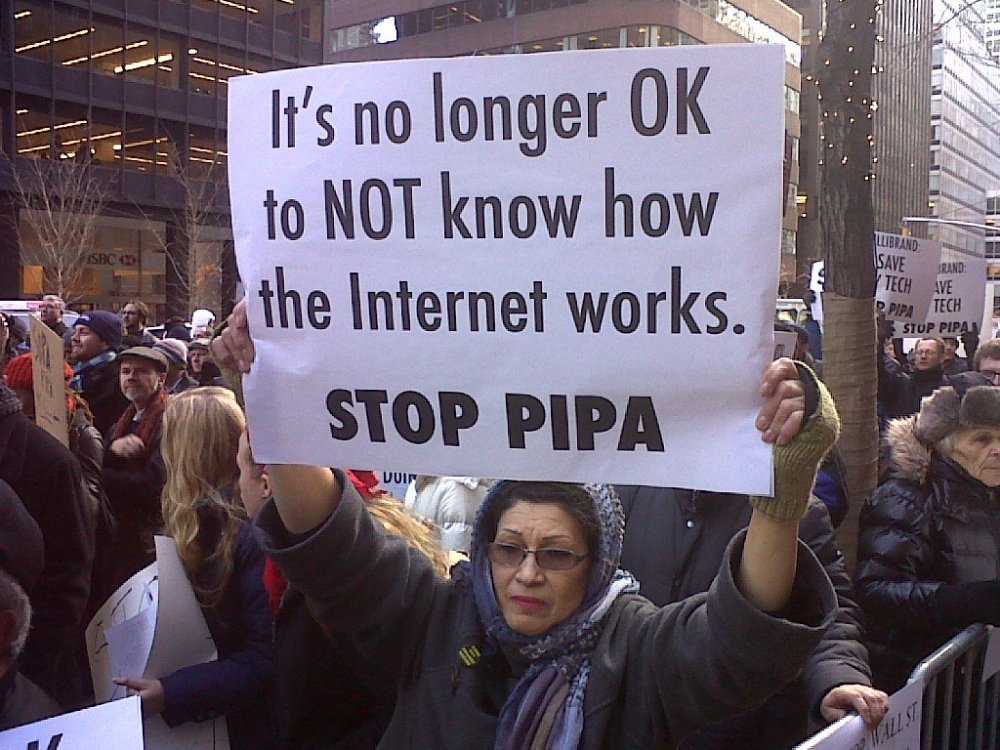 Protesting today in New York, where Democratic Senators Charles Schumer and Kirsten Gillibrand are both listed as supporters of PIPA. Click for whip list.