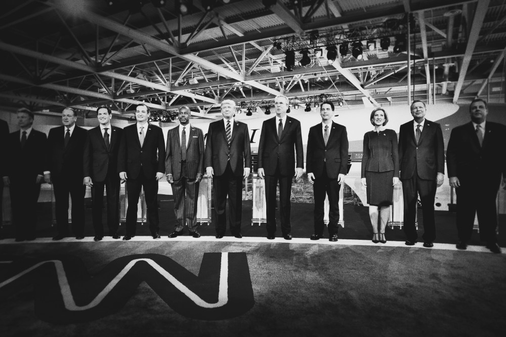Republican presidential candidates pose for a photo op before the CNN Republican Debate begins at the Ronald Reagan Presidential Library and Museum, Sept. 16, 2015, in Simi Valley, Calif. (Photo by Mark Peterson/Redux for MSNBC)