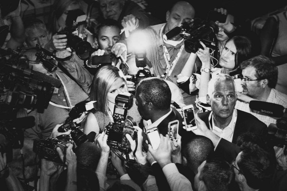 Republican presidential candidate Dr. Ben Carson is surrounded by reporters in the spin room after arriving at the Ronald Reagan Presidential Library and Museum, Sept. 16, 2015, in Simi Valley, Calif. (Photo by Mark Peterson/Redux for MSNBC)