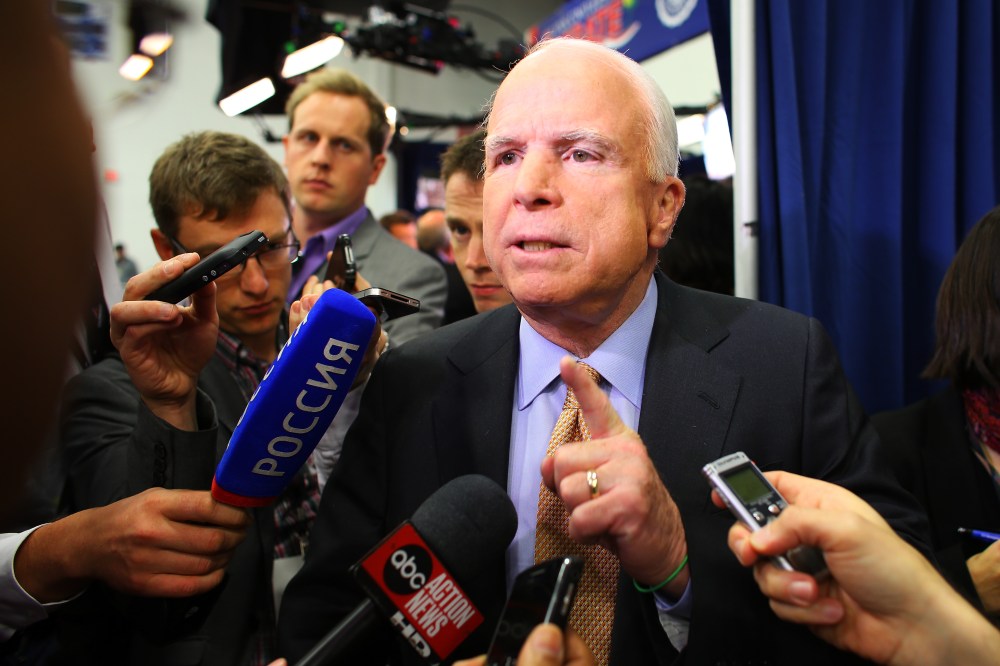 U.S. Sen. John McCain (R-AZ) speaks to the media prior to the debate between U.S. President Barack Obama and Republican presidential candidate Mitt Romney at the Keith C. and Elaine Johnson Wold Performing Arts Center at Lynn University on October 22,...