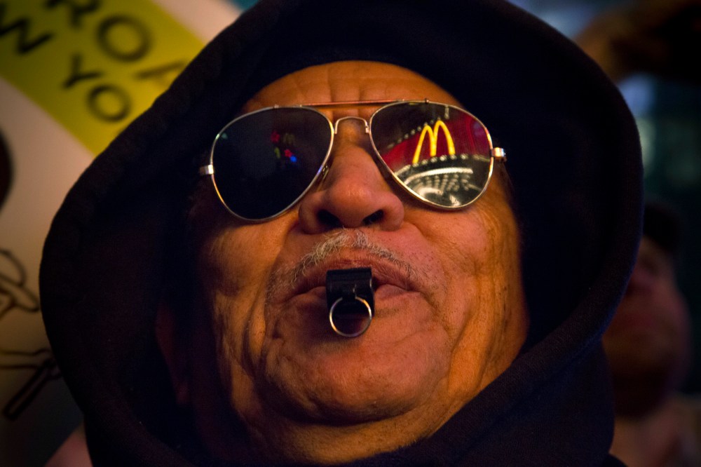 Building momentum:  Leonardo Vargas of Brooklyn protested for higher wages outside McDonald's in Times Square in 2012.