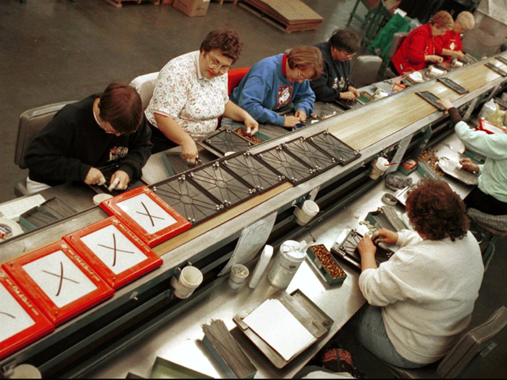 Etch-A-Sketchs on assembly line, Ohio Arts Factory, Bryan, Ohio
