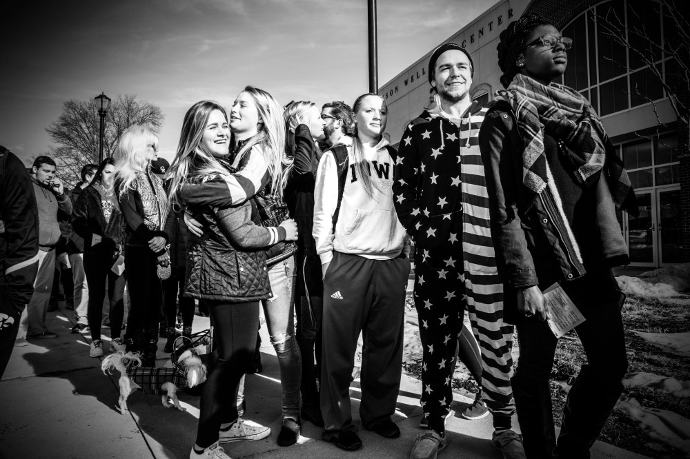 Supports wait to attend a Hillary Clinton rally in Des Moines, Iowa, Jan. 29, 2016. (Photo by Mark Peterson/Redux for MSNBC)