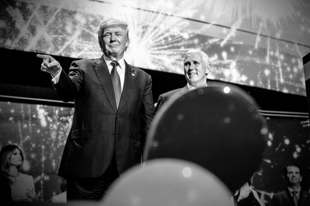 Republican Presidential candidate Donald Trump and Republican Vice Presidential candidate Mike Pence celebrate on the last night of the Republican National Convention, July 21, 2016, in Cleveland, Ohio. (Photo by Mark Peterson/Redux for MSNBC)