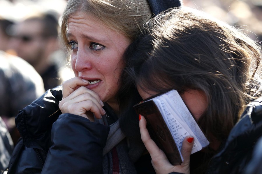 Mourners react in Jerusalem on Jan. 13, 2015 during the funeral of four Jews killed in an Islamist attack on a kosher supermarket in Paris last week.