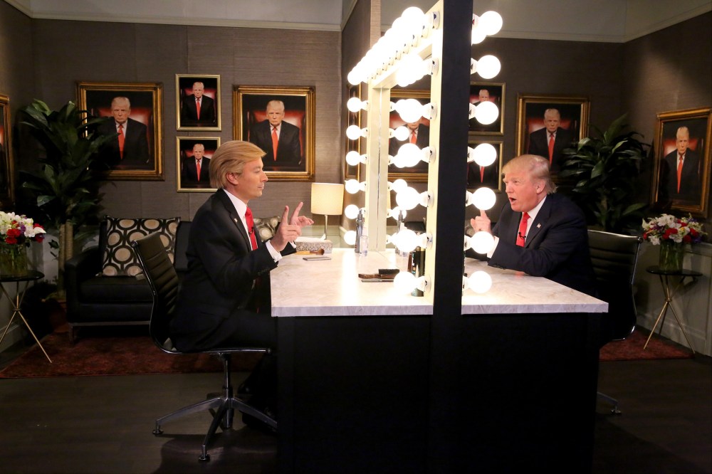 Donald Trump is mirrored by Jimmy Fallon on The Tonight Show Starring Jimmy Fallon, Sept. 11, 2015. (Photo by Douglas Gorenstein/NBC)