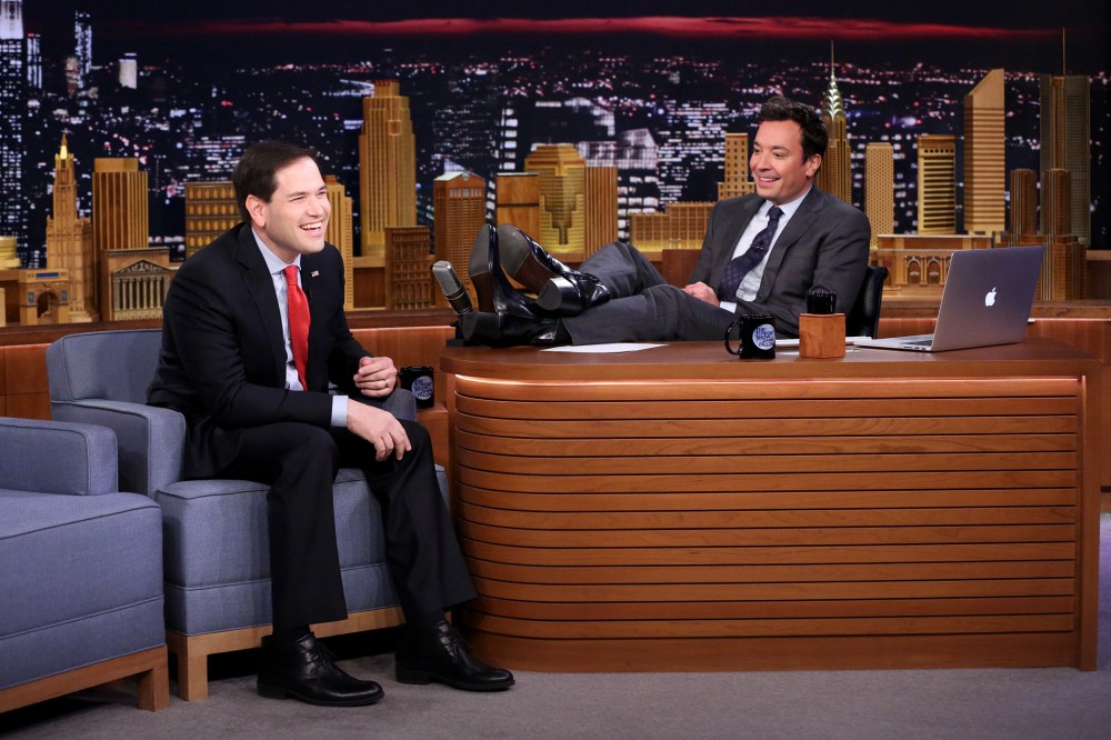 Senator Marco Rubio laughs during an interview with Jimmy Fallon on The Tonight Show, Jan. 21, 2016. (Photo by Andrew Lipovsky/NBC)