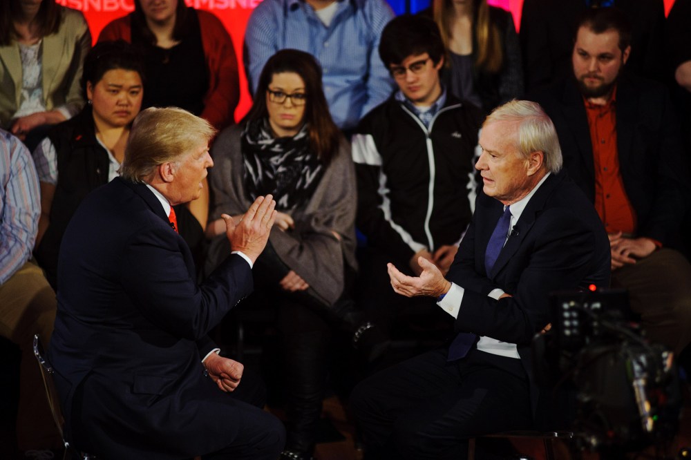 Donald Trump argues a point during an MSNBC interview with Chris Matthews, March 30, 2016. (Photo by Timothy Hiatt/MSNBC)