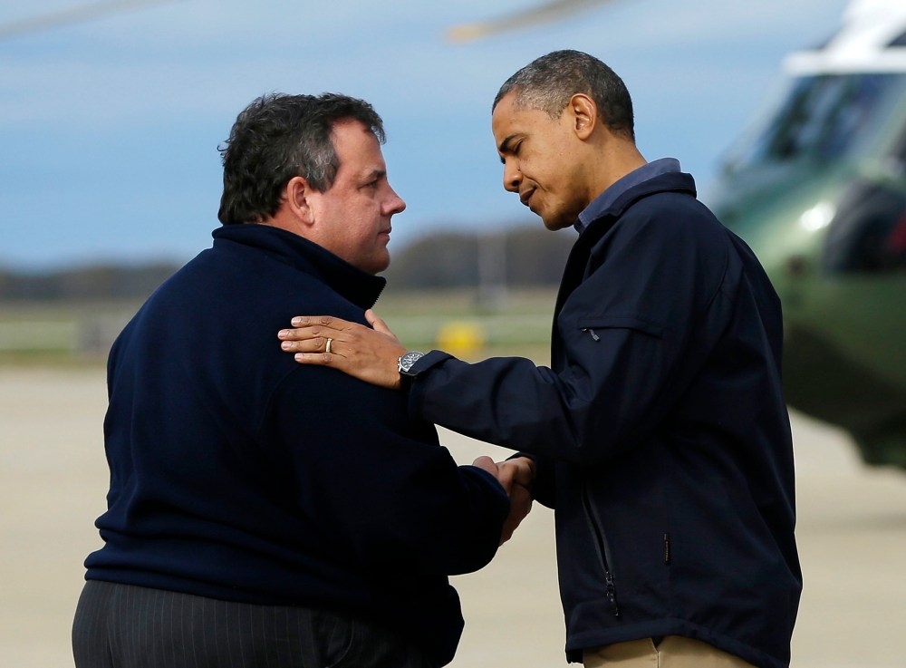 President Barack Obama is greeted by New Jersey Gov. Chris Christie upon his arrival at Atlantic City International Airport, Wednesday, Oct. 31, 2012, in Atlantic City, NJ. Obama traveled to the region to take an aerial tour of the Atlantic Coast in...