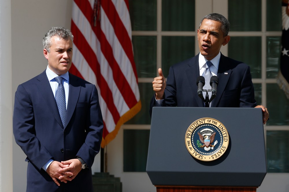 President Obama speaking about his proposed 2014 budget alongside acting budget director Jeff Zients in the Rose Garden at the White House on April 10, 2013. (Photo by Charles Dharapak/AP)