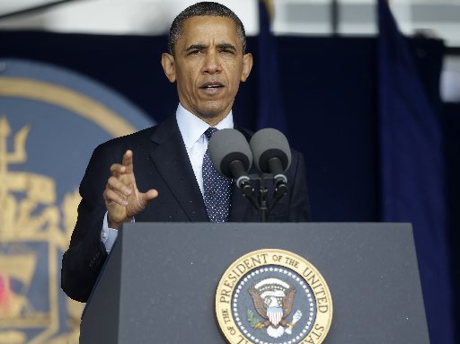 President Barack Obama speaks at the commencement ceremony for the United States Naval Academy in Annapolis, Md., Friday, May 24, 2013. The president urged new graduates to exhibit honor and courage in tackling incidents of sexual assault as they...