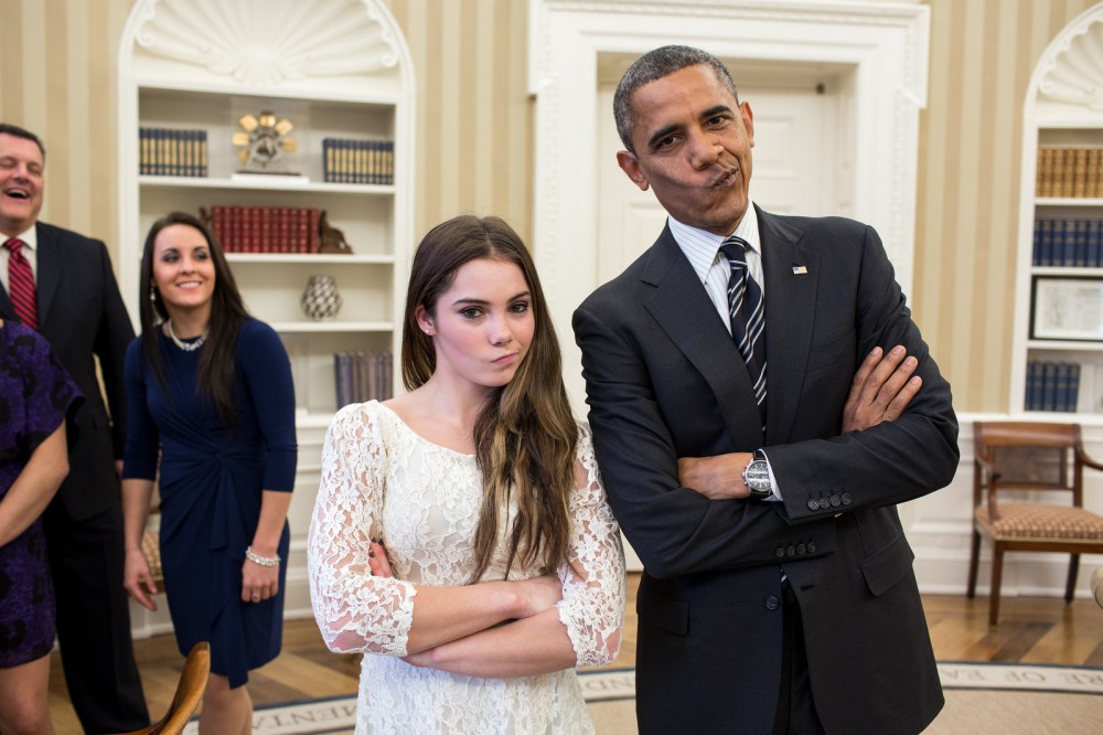 President Barack Obama jokingly mimics U.S. Olympic gymnast McKayla Maroney's "not impressed" look while greeting members of the 2012 U.S. Olympic gymnastics teams in the Oval Office, Nov. 15, 2012. Steve Penny, USA Gymnastics President, and Savannah...