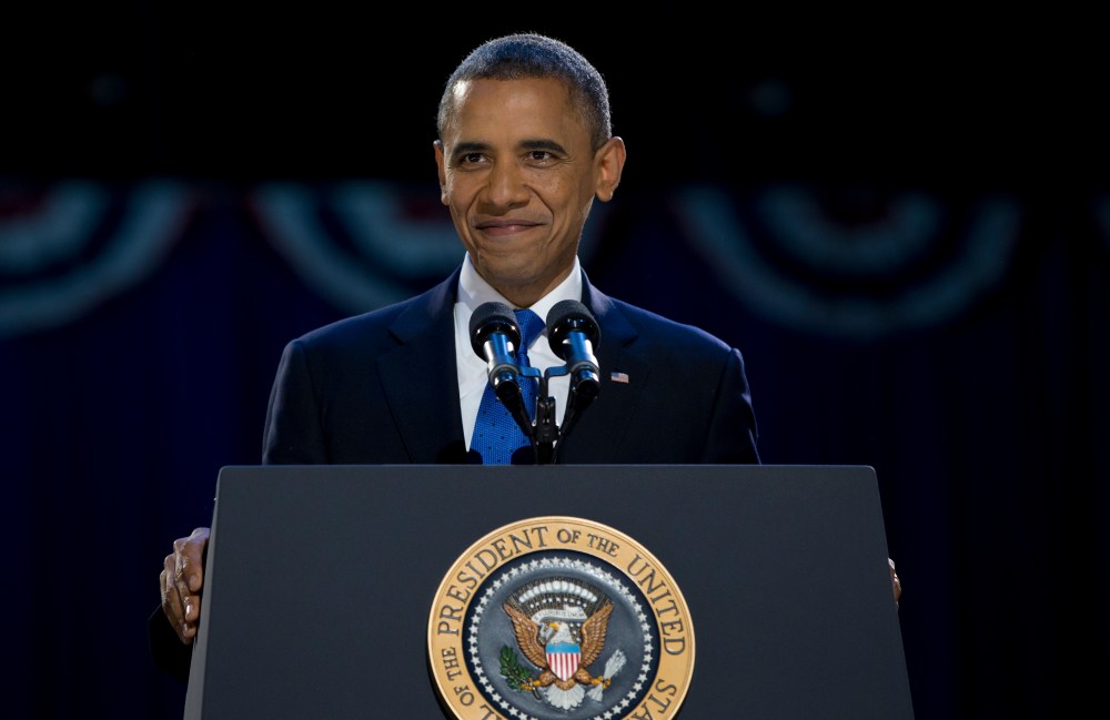 President Barack Obama, accompanied by first last Michelle Obama and daughters Malia and Sasha arrive at the election night party at McCormick Place, Wednesday, Nov. 7, 2012, in Chicago, to proclaim victory in the presidential election. (AP Photo...